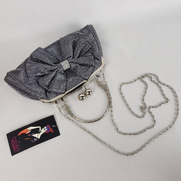 Silver Metallic Bow Rhinestone Clutch Purse - Picture 6 of 8